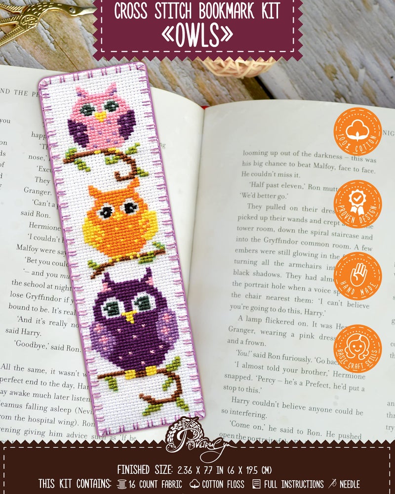 Povitrulya Counted Cross Stitch Kit - DIY Kits for Adults or Kids - Funny Embroidery Bookmark - Easy to Use - Craft Collection - Owls - Image 1